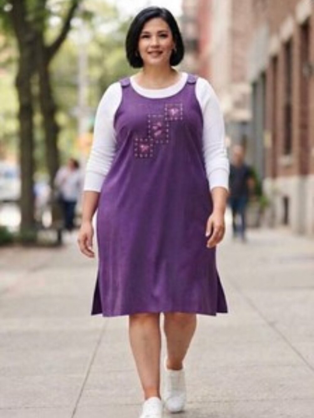 Vintage 90s Maggie Barnes Purple Faux Suede Jumper Dress | Embroidered Patchwork